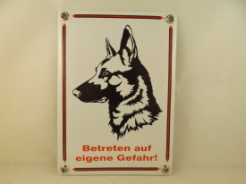 Emailleschild Schäferhund "Betreten auf eigene Gefahr"