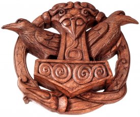 Thorshammer Wandrelief ~ HUGIN & MUNIN ~ 24 cm - Vikings Raben mit Runen Deko - Handarbeit aus Holz - natur